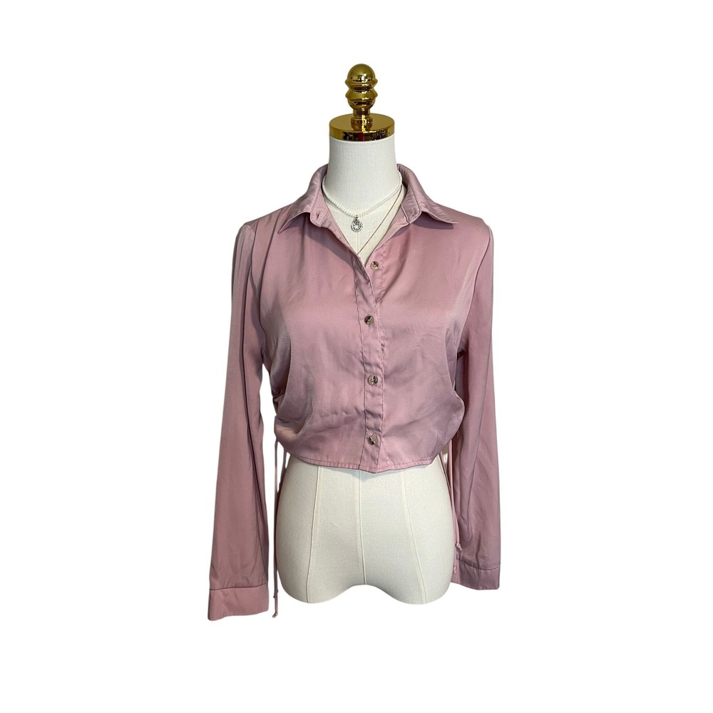 Self Esteem Mauve Pink Satin Cropped Blouse Cinched Side Long Sleeve Top Small